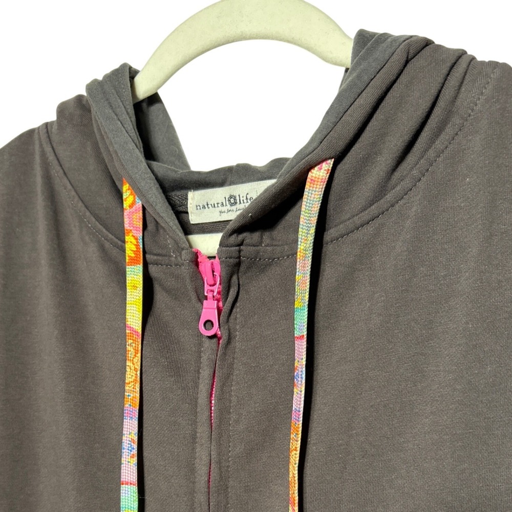 NATURAL LIFE Gray Zip-Up Hoodie with Multicolor Drawstrings - Picture 2 of 10